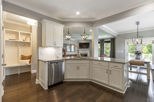 7156 Triple Crown Ln, Fairview, TN 37062 - kitchen with dishwasher, light stone counters, white cabinets, dark wood finished floors, and recessed lighting
