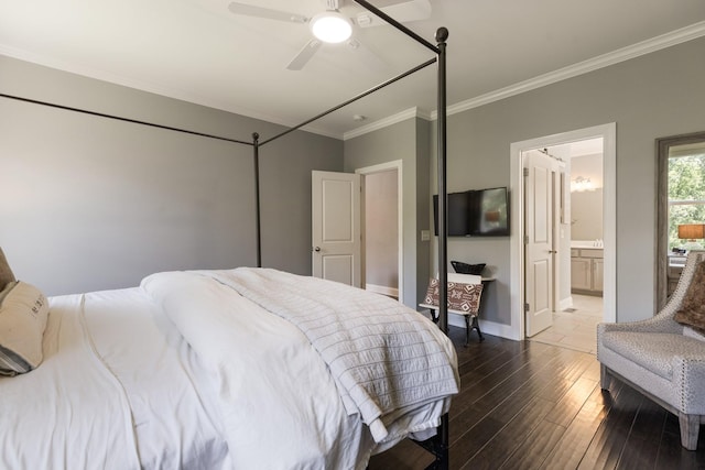 7156 Triple Crown Ln, Fairview, TN 37062 - bedroom featuring crown molding, dark wood-style floors, ceiling fan, and ensuite bathroom