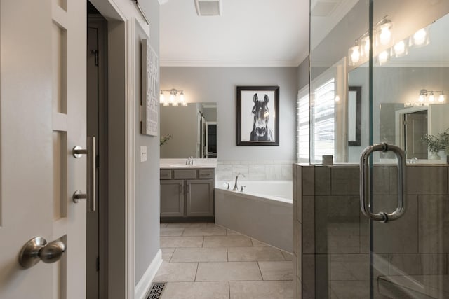 7156 Triple Crown Ln, Fairview, TN 37062 - bathroom featuring vanity, a bath, ornamental molding, tiled shower, and tile patterned floors