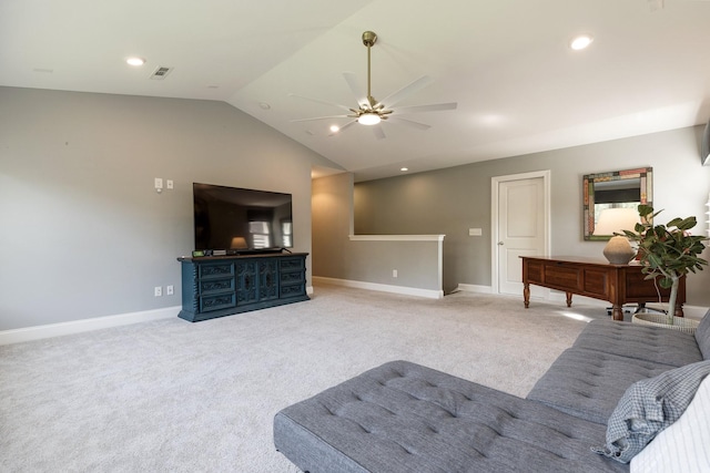 7156 Triple Crown Ln, Fairview, TN 37062 - carpeted living room featuring a ceiling fan, lofted ceiling, and recessed lighting