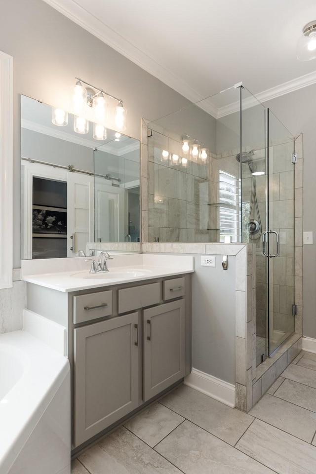 7156 Triple Crown Ln, Fairview, TN 37062 - bathroom featuring crown molding, vanity, a shower stall, and a bath