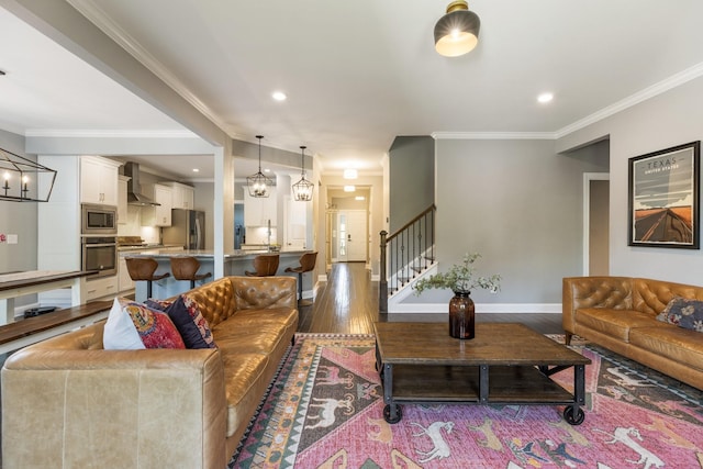 7156 Triple Crown Ln, Fairview, TN 37062 - living area with stairs, dark wood finished floors, crown molding, and recessed lighting