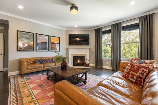 7156 Triple Crown Ln, Fairview, TN 37062 - living area featuring wood finished floors, ornamental molding, recessed lighting, and a glass covered fireplace