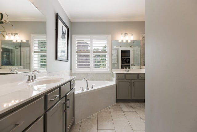 7156 Triple Crown Ln, Fairview, TN 37062 - full bath featuring plenty of natural light, two vanities, a bath, ornamental molding, and a chandelier