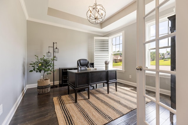 7156 Triple Crown Ln, Fairview, TN 37062 - office space featuring a chandelier, dark wood-style flooring, crown molding, and a tray ceiling