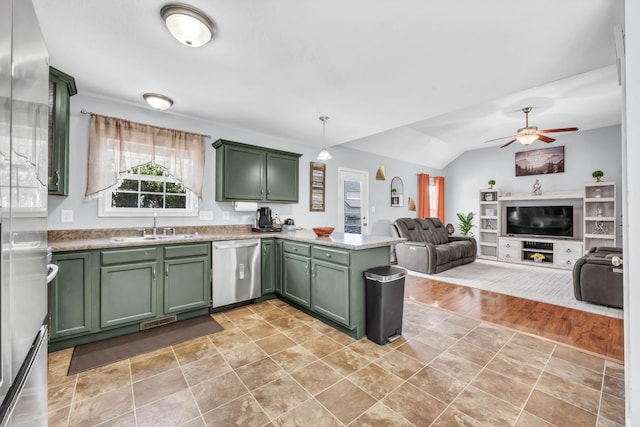 1338 Loren Cir, Clarksville, TN 37042 - kitchen with green cabinetry, dishwasher, a peninsula, a ceiling fan, and vaulted ceiling