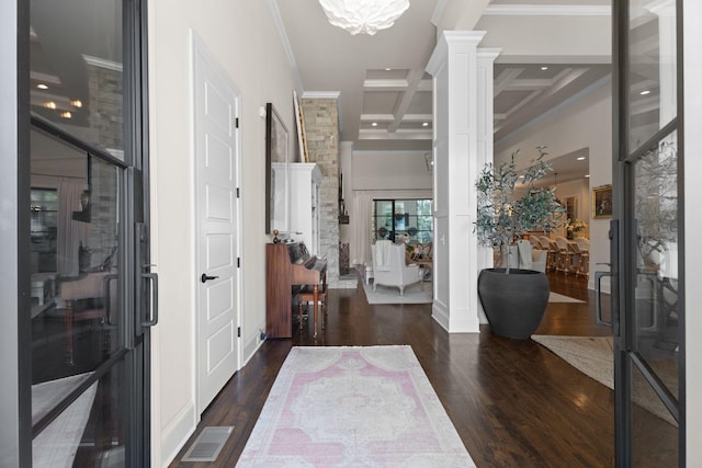 7318 Harlow Dr, College Grove, TN 37046 - entrance foyer with a towering ceiling, ornate columns, dark wood finished floors, beamed ceiling, and coffered ceiling