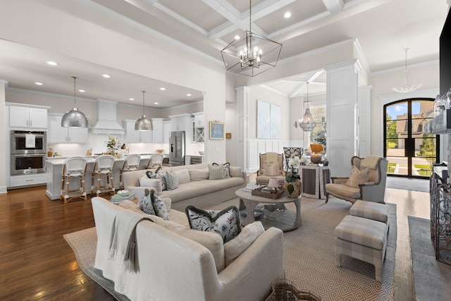 7318 Harlow Dr, College Grove, TN 37046 - living area with a chandelier, ornamental molding, beamed ceiling, coffered ceiling, and recessed lighting