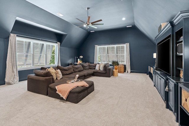 7318 Harlow Dr, College Grove, TN 37046 - living area with lofted ceiling, ceiling fan, and light carpet