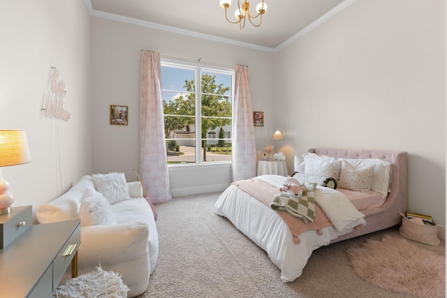 7318 Harlow Dr, College Grove, TN 37046 - bedroom with a chandelier, ornamental molding, and light colored carpet