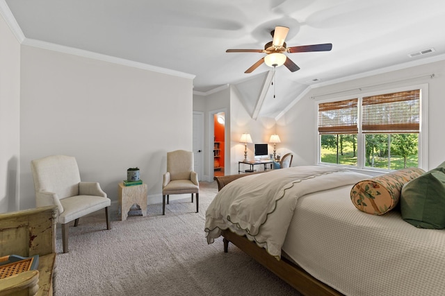7318 Harlow Dr, College Grove, TN 37046 - carpeted bedroom with ornamental molding, a ceiling fan, and lofted ceiling