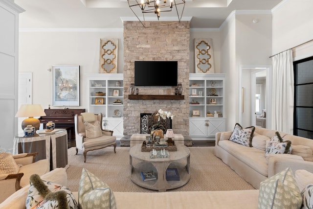 7318 Harlow Dr, College Grove, TN 37046 - living area featuring ornamental molding, a stone fireplace, and a chandelier