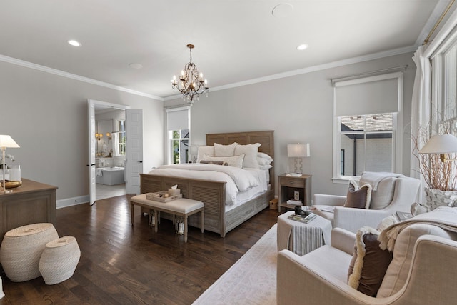 7318 Harlow Dr, College Grove, TN 37046 - bedroom with a chandelier, dark wood-style flooring, ornamental molding, recessed lighting, and ensuite bath