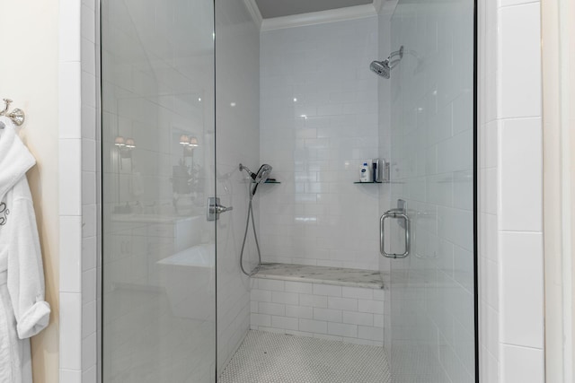 7318 Harlow Dr, College Grove, TN 37046 - full bath with crown molding and a shower stall