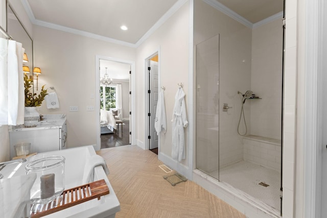 7318 Harlow Dr, College Grove, TN 37046 - ensuite bathroom featuring vanity, a tile shower, ornamental molding, recessed lighting, and a chandelier