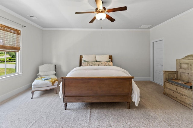 7318 Harlow Dr, College Grove, TN 37046 - bedroom featuring light carpet, crown molding, and a ceiling fan