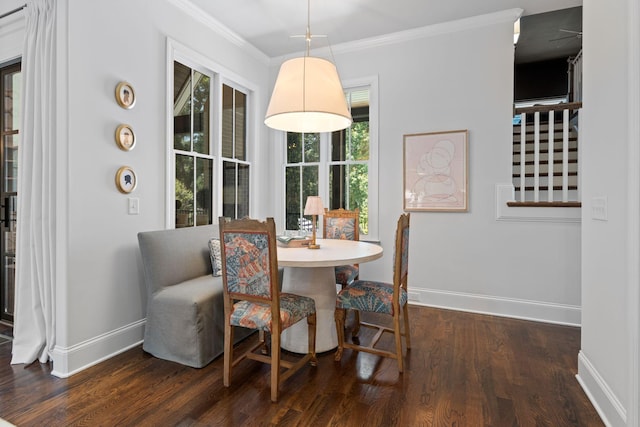 7318 Harlow Dr, College Grove, TN 37046 - dining space featuring dark wood-style floors and ornamental molding