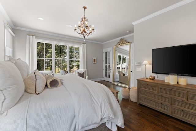 7318 Harlow Dr, College Grove, TN 37046 - bedroom with wood finished floors, a chandelier, ornamental molding, access to exterior, and recessed lighting