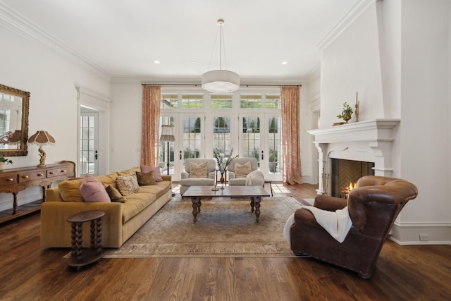 391 The Lady Of The Lake Ln, Franklin, TN 37067 - living room with crown molding, a large fireplace, wood finished floors, and french doors
