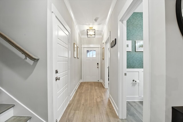 2135 Halfmoon Way, Murfreesboro, TN 37130 - entryway with light wood-type flooring, stairway, wallpapered walls, and crown molding