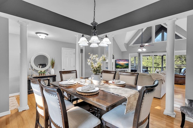 268 Crest Dr, Lynchburg, TN 37352 - dining room featuring light wood-style flooring, decorative columns, and ceiling fan