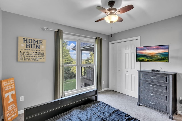 268 Crest Dr, Lynchburg, TN 37352 - bedroom featuring carpet flooring, a closet, and a ceiling fan