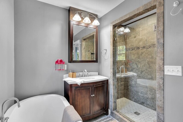 268 Crest Dr, Lynchburg, TN 37352 - full bathroom featuring a freestanding bath, vanity, and a shower stall