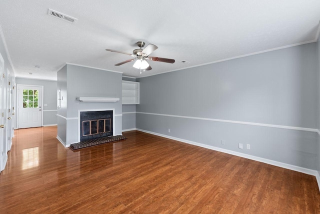 3357 Oak Trees Ct, Antioch, TN 37013 - unfurnished living room with wood finished floors, a ceiling fan, a glass covered fireplace, and ornamental molding