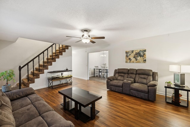 4651 Cynthia Ln, Murfreesboro, TN 37127 - living room with ceiling fan, stairway, wood finished floors, and a textured ceiling