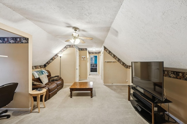 4651 Cynthia Ln, Murfreesboro, TN 37127 - carpeted living area with a textured ceiling, ceiling fan, and lofted ceiling