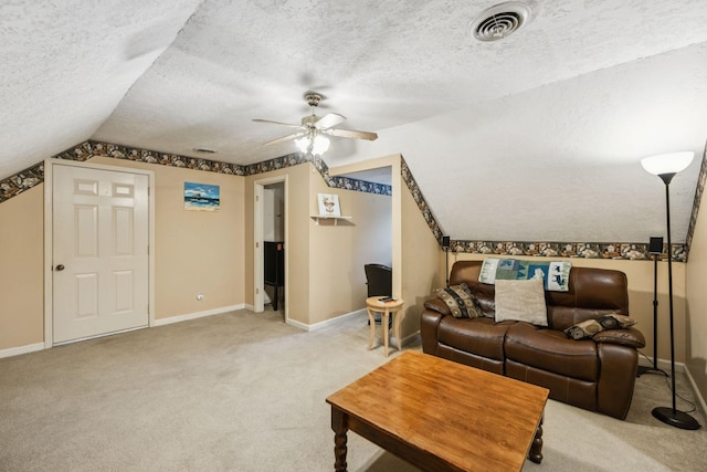 4651 Cynthia Ln, Murfreesboro, TN 37127 - living area featuring light carpet, a textured ceiling, a ceiling fan, and lofted ceiling