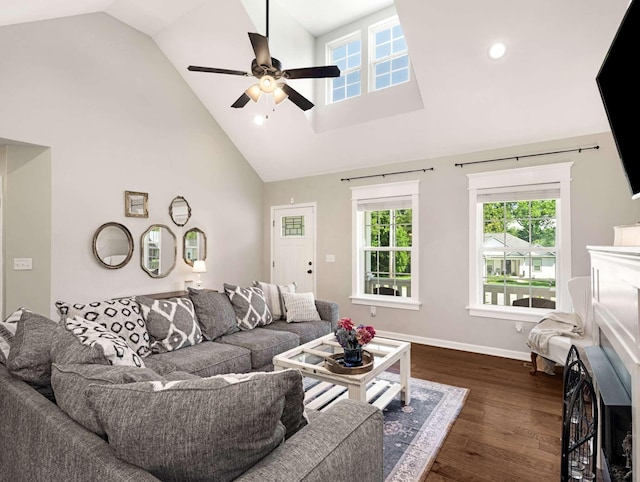310 Diane Loop, White Bluff, TN 37187 - living room with high vaulted ceiling, dark wood-style floors, a ceiling fan, and recessed lighting