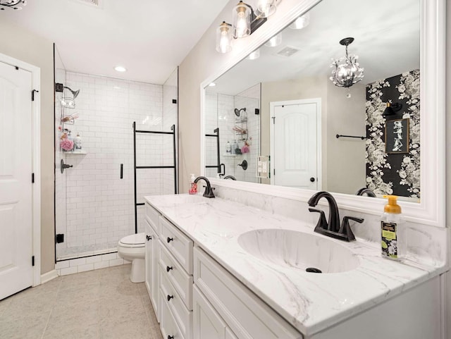 310 Diane Loop, White Bluff, TN 37187 - bathroom featuring tile patterned floors, double vanity, a stall shower, and recessed lighting