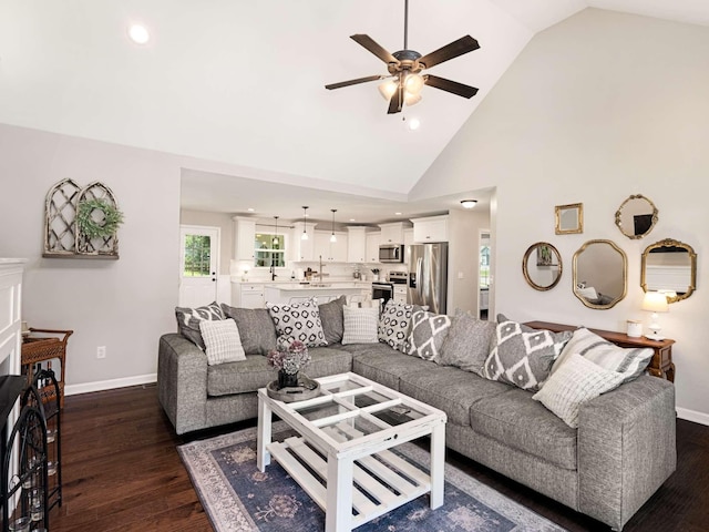 310 Diane Loop, White Bluff, TN 37187 - living area with ceiling fan, dark wood-type flooring, recessed lighting, and high vaulted ceiling