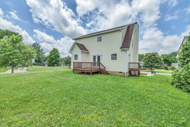2995 Pipkin Hills Dr, Spring Hill, TN 37174 - back of house with a wooden deck, a lawn, french doors, a shingled roof, and crawl space