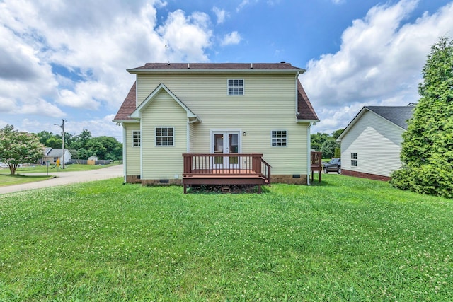 2995 Pipkin Hills Dr, Spring Hill, TN 37174 - back of property with crawl space, french doors, a wooden deck, and a lawn