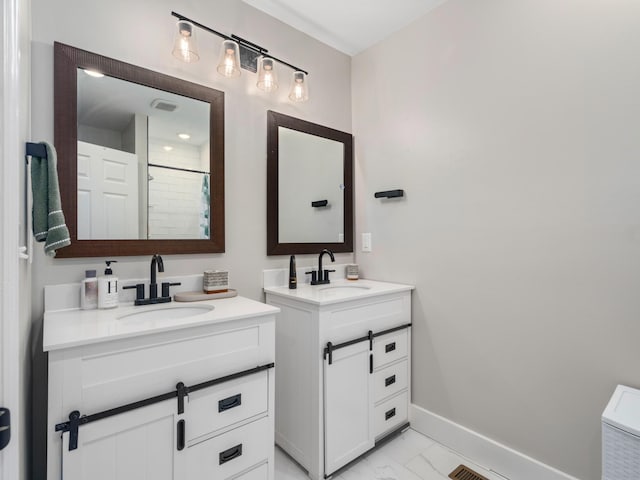 2011 Denham Ave, Columbia, TN 38401 - full bathroom with marble look tiles, two vanities, and a shower
