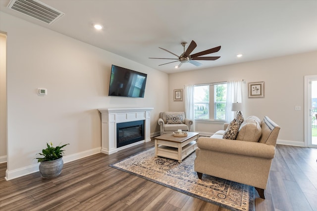 3702 Mathewson Way, Murfreesboro, TN 37128 - living area with a ceiling fan, dark wood-type flooring, recessed lighting, and a glass covered fireplace