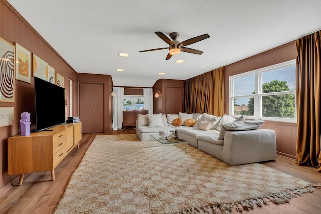 301 Brandywine Dr, Old Hickory, TN 37138 - living area with light wood-style floors, ceiling fan, and wooden walls