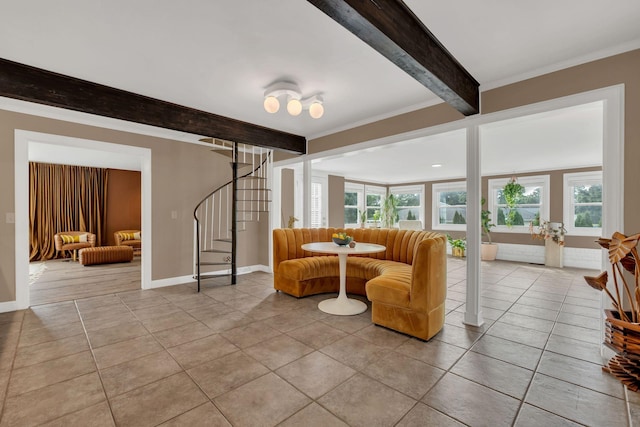301 Brandywine Dr, Old Hickory, TN 37138 - living area with stairway, beam ceiling, light tile patterned flooring, and crown molding