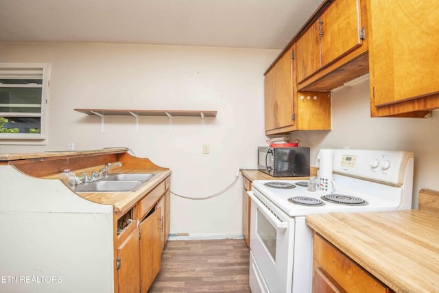 197 Wedgewood Ln, Spring City, TN 37381 - kitchen featuring white electric range oven, black microwave, open shelves, light wood-type flooring, and light countertops