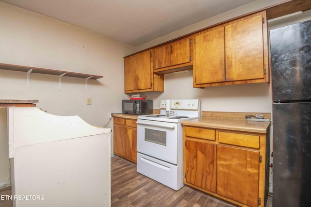 197 Wedgewood Ln, Spring City, TN 37381 - kitchen featuring black appliances, dark wood-style flooring, brown cabinetry, light countertops, and open shelves