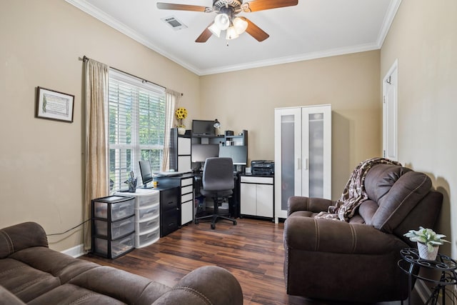 1609 Merritt St Unit A, Old Hickory, TN 37138 - home office featuring ceiling fan, ornamental molding, and dark wood finished floors