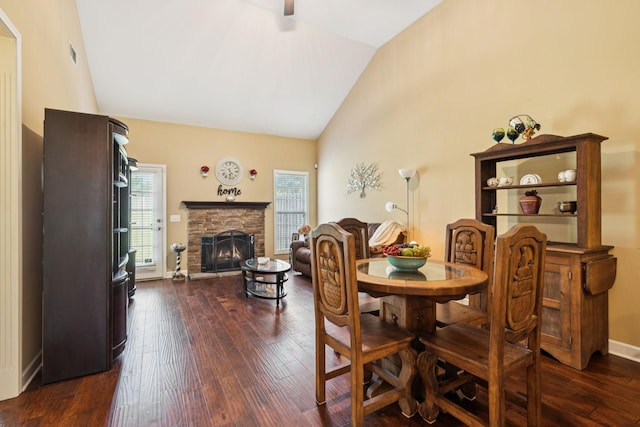 1609 Merritt St Unit A, Old Hickory, TN 37138 - dining room with dark wood-type flooring, a fireplace, high vaulted ceiling, and a ceiling fan