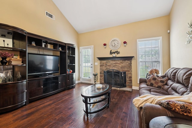 1609 Merritt St Unit A, Old Hickory, TN 37138 - living room with dark wood-style flooring, high vaulted ceiling, and a fireplace