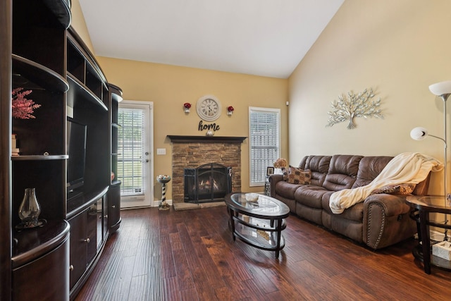 1609 Merritt St Unit A, Old Hickory, TN 37138 - living room with lofted ceiling, dark wood finished floors, and a stone fireplace