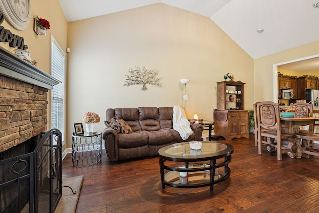 1609 Merritt St Unit A, Old Hickory, TN 37138 - living area with hardwood / wood-style flooring, high vaulted ceiling, and a fireplace with raised hearth