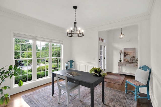 2785 Rutland Ct, Thompsons Station, TN 37179 - home office featuring a chandelier, wood finished floors, ornamental molding, and wainscoting