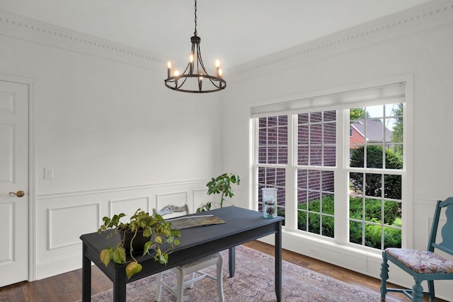 2785 Rutland Ct, Thompsons Station, TN 37179 - office featuring a chandelier, wainscoting, dark wood finished floors, and a decorative wall