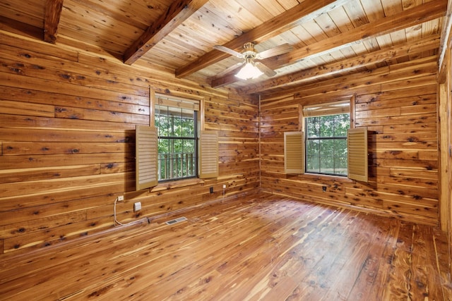 584 Mccord Hollow Rd, Hohenwald, TN 38462 - empty room with a wood ceiling with exposed beams, wood walls, hardwood / wood-style floors, and ceiling fan